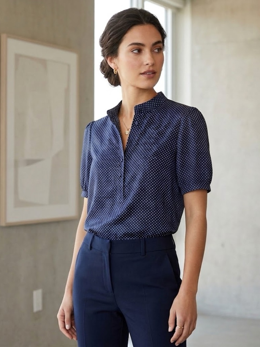 Ben Sherman 100% Silk Zipper Side Blue Short Sleeved Polka Dot Blouse